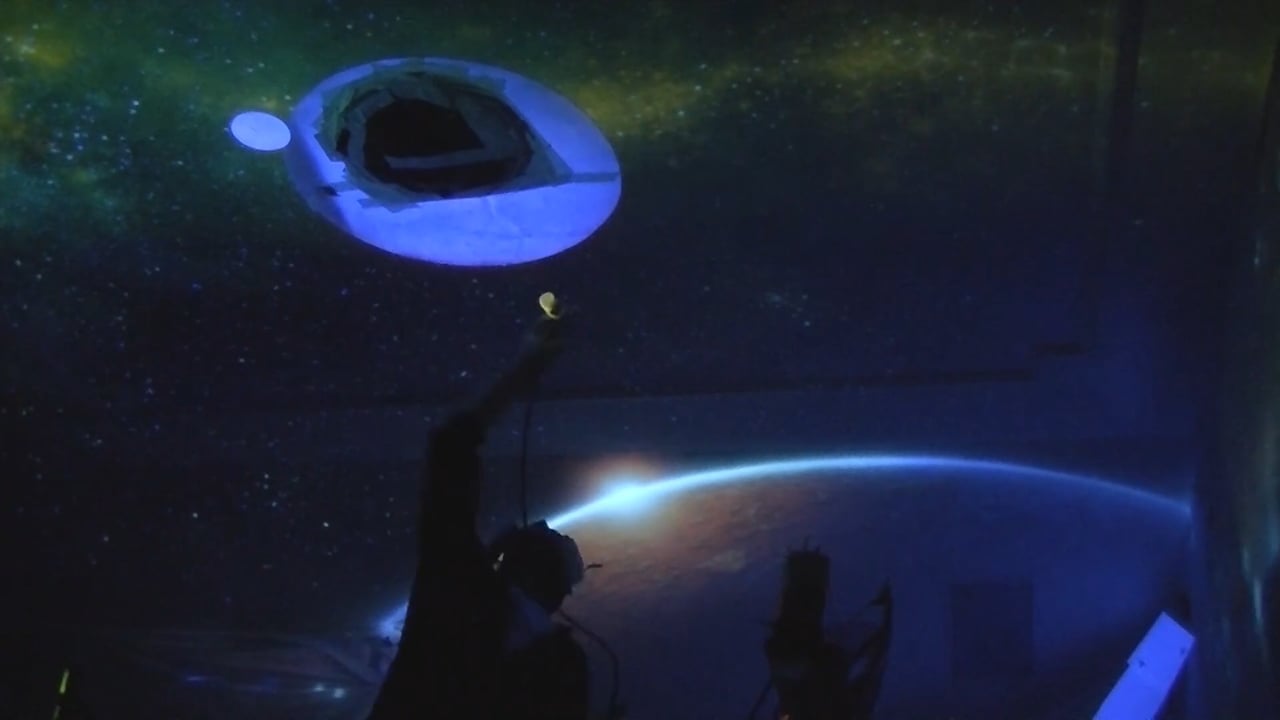 Outer Space Big Blue Planet and Moon UV Black Light Mural